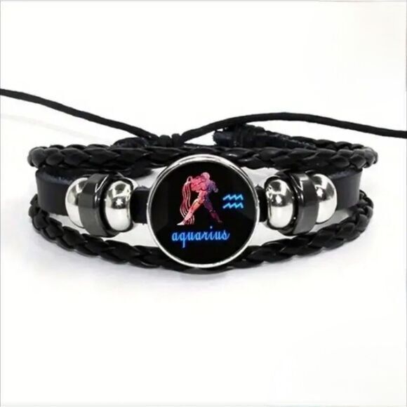 Aquarius Zodiac Bracelet Handwoven Wax Rope and Leather‎ Unisex - Picture 6 of 6